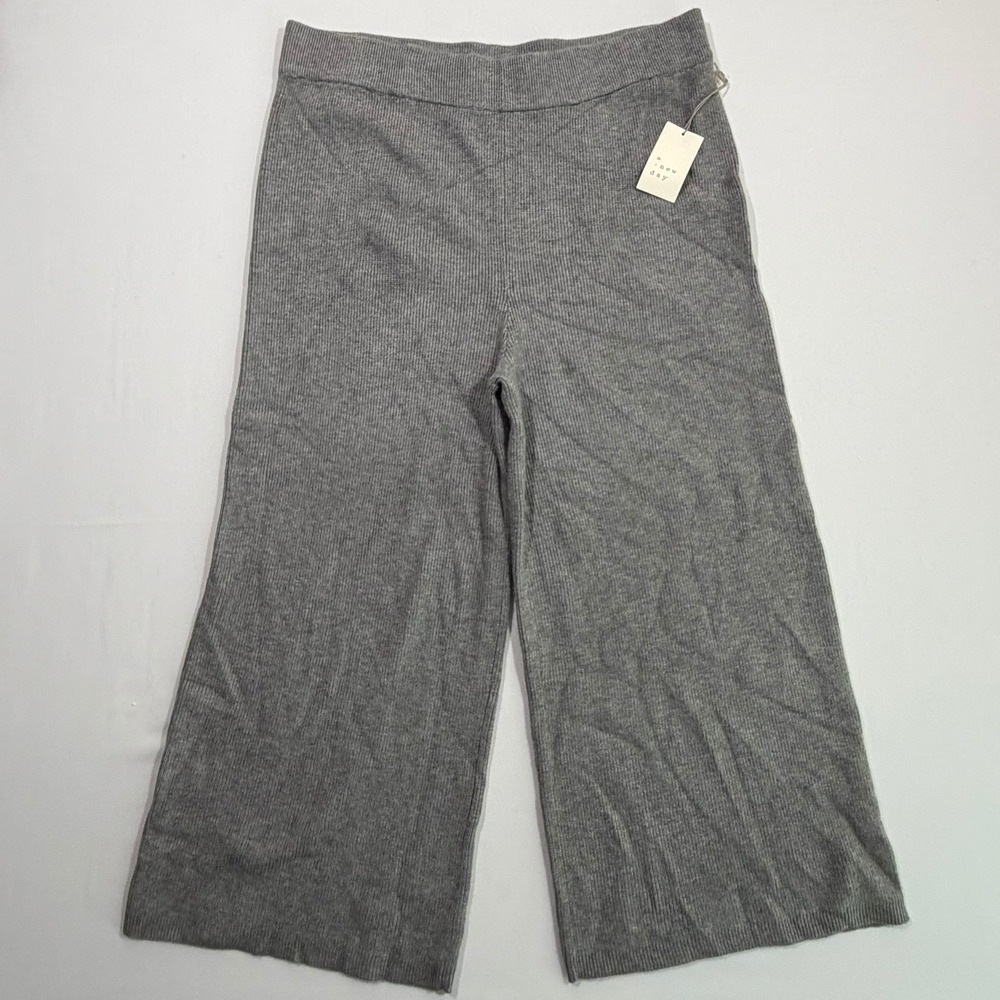 A New Day Pants Womens 1X NWT Gray Ribbed Knit Elastic Waist Wide Leg Lounge